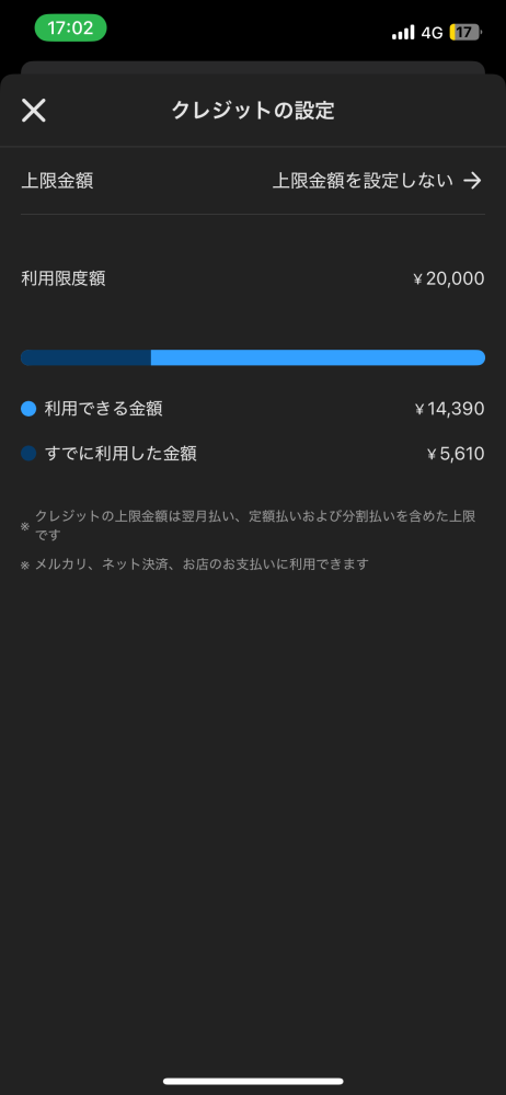 このメルカードは利用金額上限を設定しないなのに利用金額は2万円と
