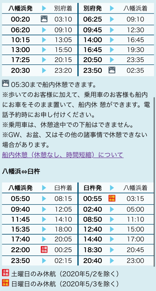 宇和島運輸フェリーについて。別府八幡浜の深夜便は船内休憩あると書
