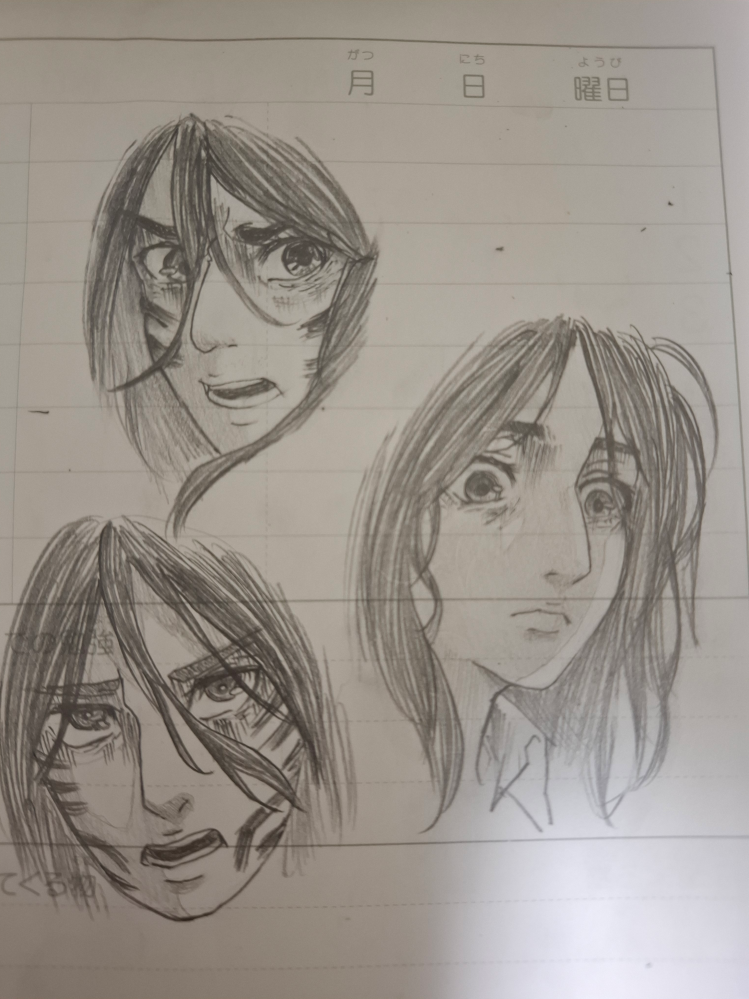 進撃の巨人のピークちゃんを描きました アドバイスお願いします！！ 顔アップしかなくてごめんなさい！ 描いてる紙は小学校の頃使っていた連絡帳です=⁠_⁠=