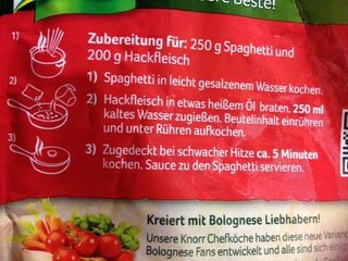 ドイツのお土産で クノールのパスタソースを頂きました 作り方が裏面に書 Yahoo 知恵袋