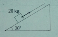 水平面を30°の角をなすなめらかな斜面にそって質量20kgの物体をゆっくり引き上げる。重力加速度の大きさを9.8m/s²とする。 (1)引き上げるために必要な力Ｆ(N)を求めよ。

(2)斜面にそって10ｍ引き上げるのに必要な仕事W(Ｊ)を求めよ。

(3)この物体を同じ高さまで斜面を利用せず、鉛直上方に引き上げるのに必要な仕事W'(Ｊ)を求めよ。

(4)斜面と物体との間に摩擦があり、動摩...