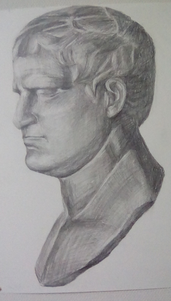 石膏像(アグリッパ)の鉛筆デッサンを2時間でしました。講評をお願い