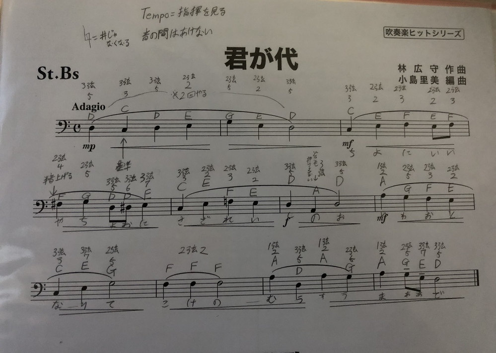 友人がベースで君が代を弾くことにしたのですが、書いてあること(何弦 