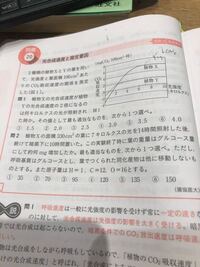 この問題の問2がわかりません。 A.4
9.0-3.0=6.0
6.0×14-3.0×10=54mg

ここまではわかります。

ここから
6モルのCO2を用いると1モルのグルコースが生じる。
よって、吸収されたCO2量をグルコース量に、また葉面積を330㎠あたりに換算すると

 1×180 330
54×------- × ----- =121.5mg
 6×44 100

こちらを解説し...