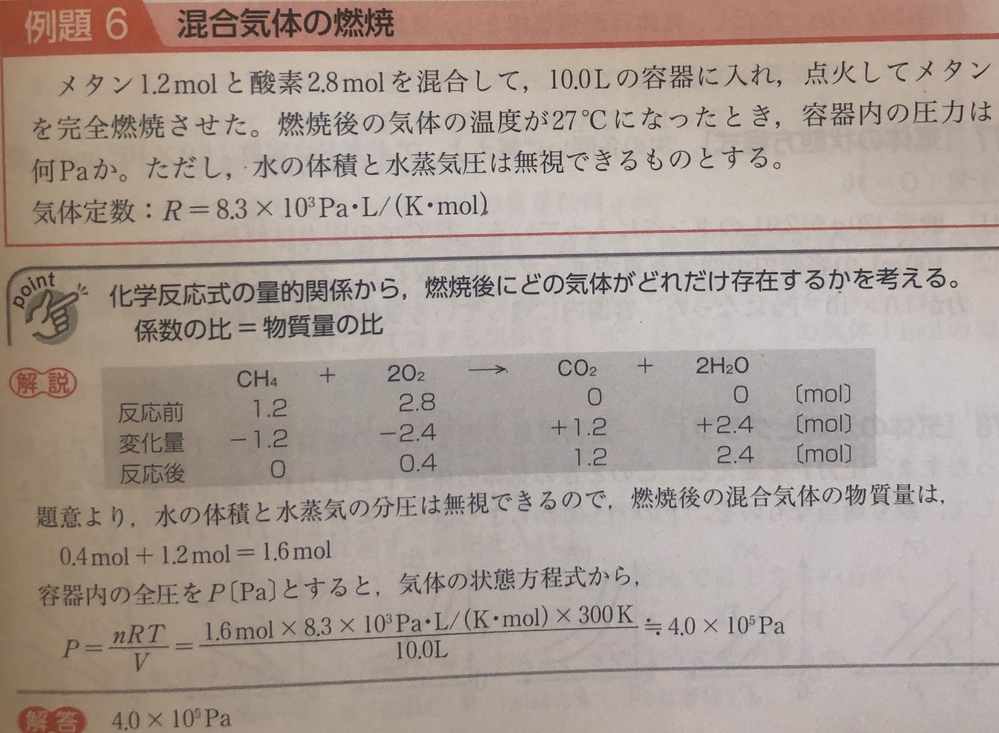 0.4mol+1.2molってゆうのはどこからきていますか？ 変化量もわからないです。 化学 混合気体の燃焼