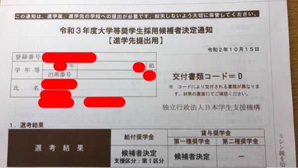 今日、奨学金の予約採用の選考結果が返ってきたのですが「候補者決定 