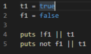 「||」や「not」の優先度を確認するために
true
false
と出力されると考えてこのようなプログラムを書きましたが、 syntax error, unexpected local variable or method, expecting '('
puts not f1 || t1 (f1にアンダーライン)

と出ました。
どこがいけないのか、理由とともに教えていただきたいです。