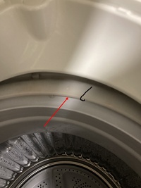洗濯機の カビ臭についてです。 シャープの穴なし層で 側面には穴が開いておらず 底面からだけ 排水を行う洗濯機です。洗濯槽掃除用の薬剤を使っての掃除は ２～3ヶ月に一度行っていますが 矢印の所のすき間（赤矢印）に カビらしきもの（黒・ピンク）が 発生しています。臭いとしては 木のような匂いがします。
この隙間に カビキラーを噴射していいものなのかお聞きします。

外側の層のふちは（黒線）返し...
