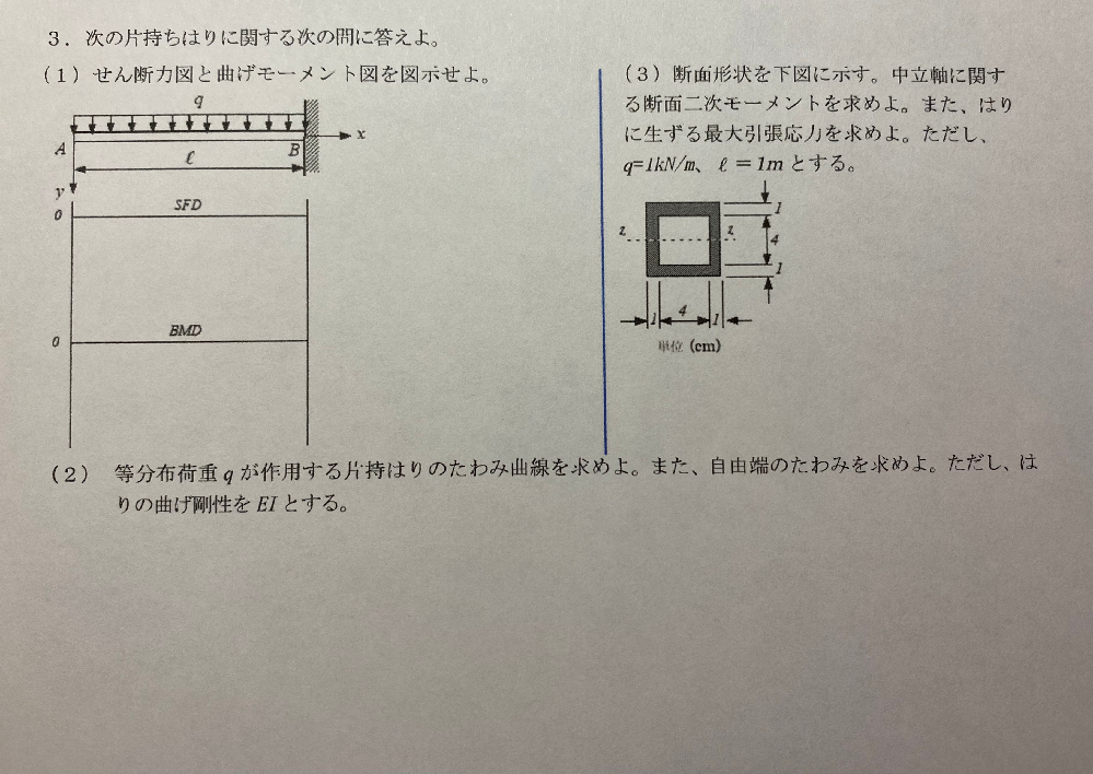 次の片持ち梁に関する次の問いに答えよ 1 せん断力図と曲げモーメ Yahoo 知恵袋