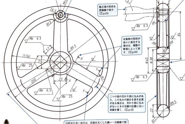 手書き製図についてなのですが このハンドル車の側面図は断面図になっている部分 Yahoo 知恵袋