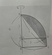 この斜線部分の回転体の表面積の求め方を教えてください。 中3数学、高校入試の問題です。