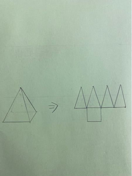 数学の質問です。 画像のような、四角錐の展開図はダメなのでしょうか？ ネットで調べると、辺がくっついているものしかないのですが。 ご意見をいただけると助かります。 よろしくお願いいたします。