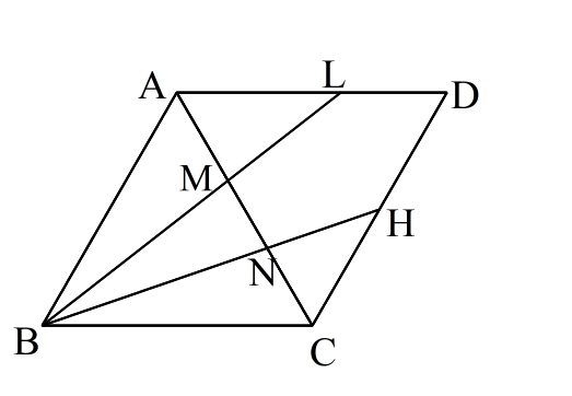 図のように２つの正三角形をつなげて平行四辺形ABCDをつくる。 辺CDの中点にHをとり，HとBを結び，BHとACの交点をNとする。 また，辺AD上にAL：LD＝３：２になるように，点Lをとり， BLとACの交点をMとする。 ①BNとNHの長さの比を，最も簡単な整数の比で表しなさい。 ②△ABMと△NHCの面積比を，最も簡単な整数の比で表しなさい。 これを教えてください。