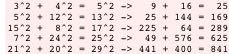 C言語で平方和c^2が1000未満となるようなピタゴラス数を全て探して表示するようなプログラムを教えてください。 a^2+b^2=c^2が成り立つ時以下の関係が成り立つ整数の組がピタゴラス数です。 a=(m-n)^2 b=2mn c=(m+n)^2 実行結果は以下のとおりです。