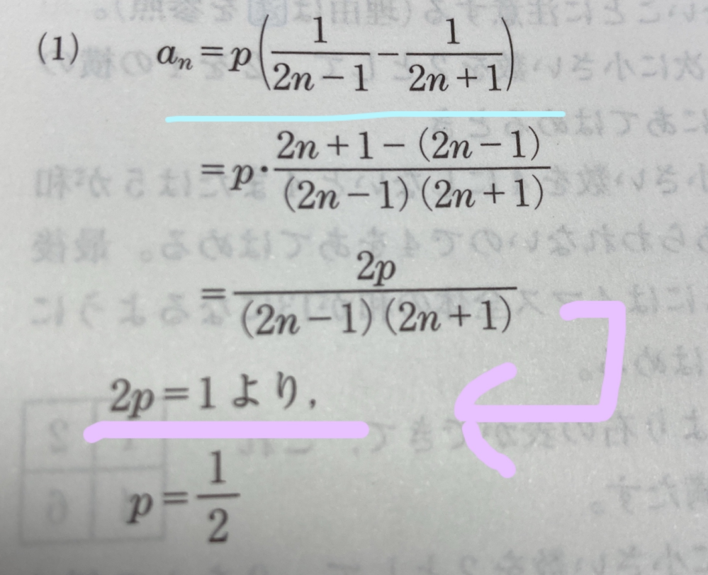 数列の問題で 水色線を満たすpの値を求める問題ですが、紫線部の2p=1というのはどこから来てるのでしょう？
