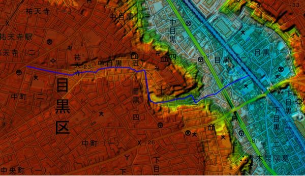 この青い実線部（谷戸前川の暗渠）の地形はなんですか？氾濫平野にあたると思ってたんですけど、ちょうど暗渠の部分が谷のように凹んでいるので平野じゃないのかなーなんて思えてきて、、