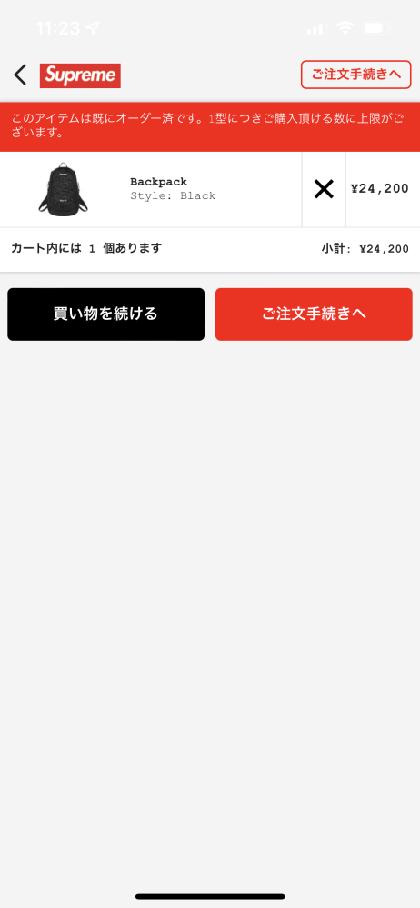 supremeオンラインの商品購入ページで必要事項を記入し、確定ボタン