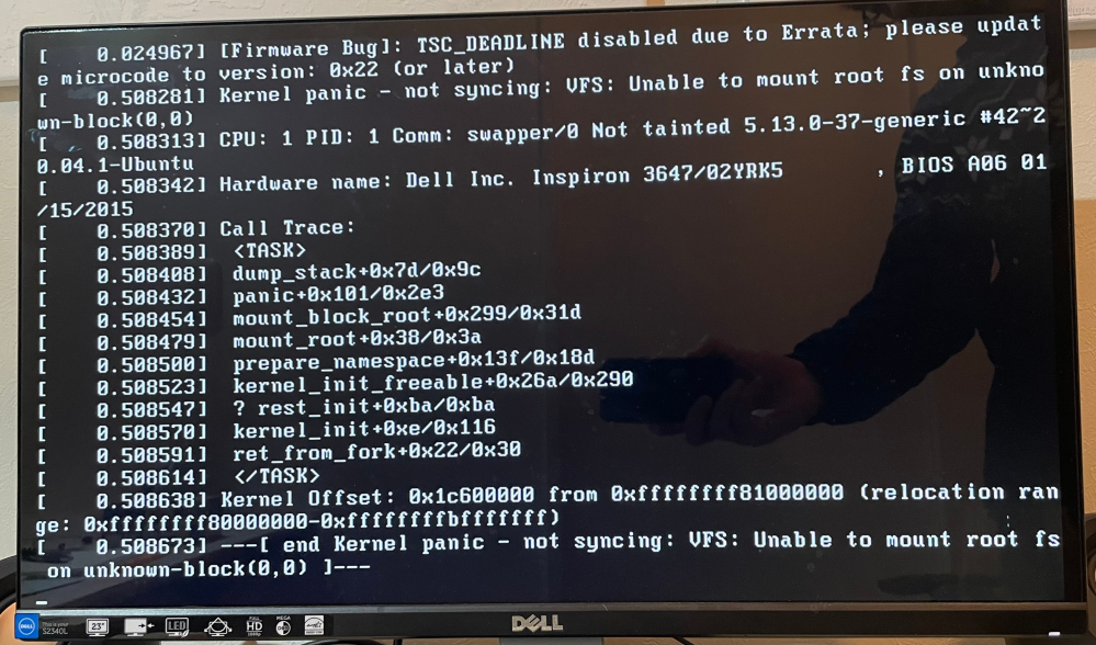 Ubuntuを起動すると、「error: attempt to read or write outside of disk 'hd0'.」とメッセージが出て、その後、添付の写真の画面になったので...