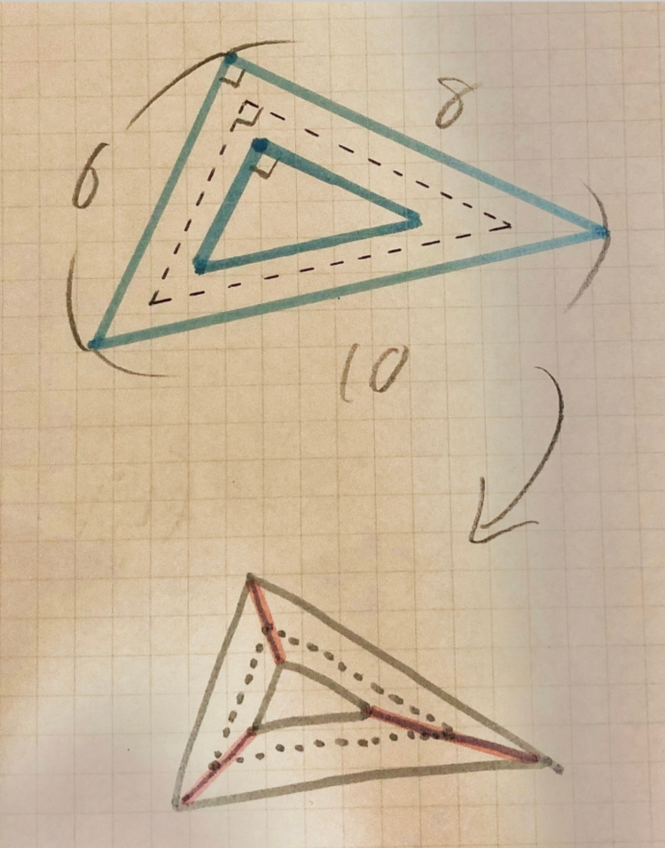 6m、8m、10mの直角三角形を描き、その直角三角形がセンターラインになるように幅a mの道をつくる。道の面積を求めなさい。 （センターラインは点線） この問題の解き方が分かりません。 赤で塗っている所を切り３つの台形が出来ると思うのですがそれを使って道の面積を出さないといけないのですが分かる方いますでしょか？教えて頂けると幸いです。
