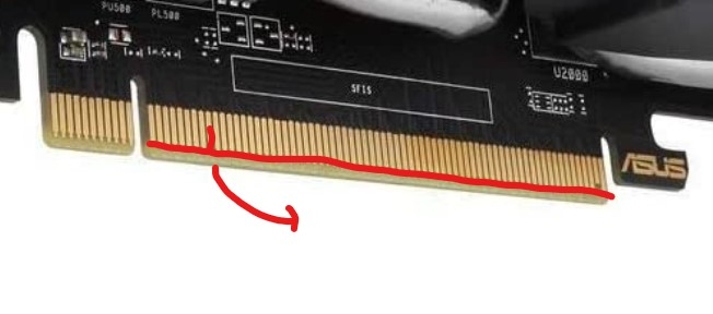 グラボの端子の金属端子の1本が半分欠けると？ ASUS AMD RX580搭載ビデオカード DUAL-RX580-O8Gがディスプレイの乱れの原因になっている可能性があるので、購入店に送付して検証して貰います。梱包中に発見したのですが、グラフィックカードの端子（金属の銅線が縦に何本も入っている）の1本が半分欠けていたような記憶があります。これデフォルトでそうなっていたのか、経年劣化、PCI Expressスロットに挿す際に、摩擦でちびて、欠けてしまったのか分かりませんが、これだけで、ディスプレイが時々乱れる原因になり得ますか？