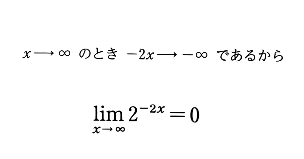 【数Ⅲ 極限】 lim[x→∞]2^(-2x) 解答には画像のような説明がありました 「-2x→-∞」までは理解できたのですが、その後どうしてそうなるのかが分かりません 説明してください よろしくお願いします