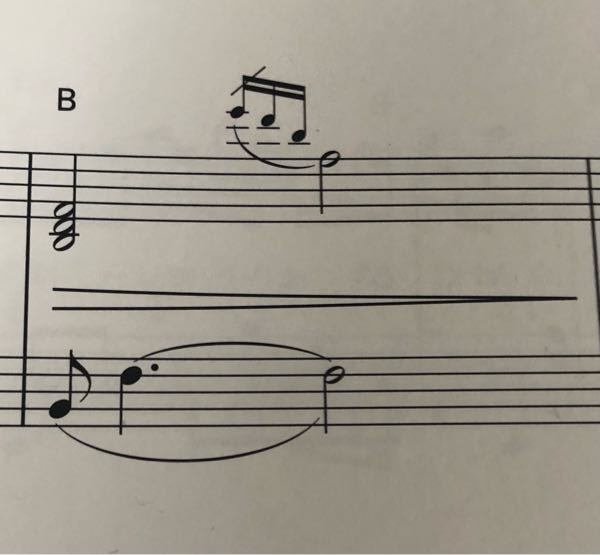 ピアノの楽譜なのですが、画像の一番上の斜線みたいなマークはどういう風に弾くのですか？
