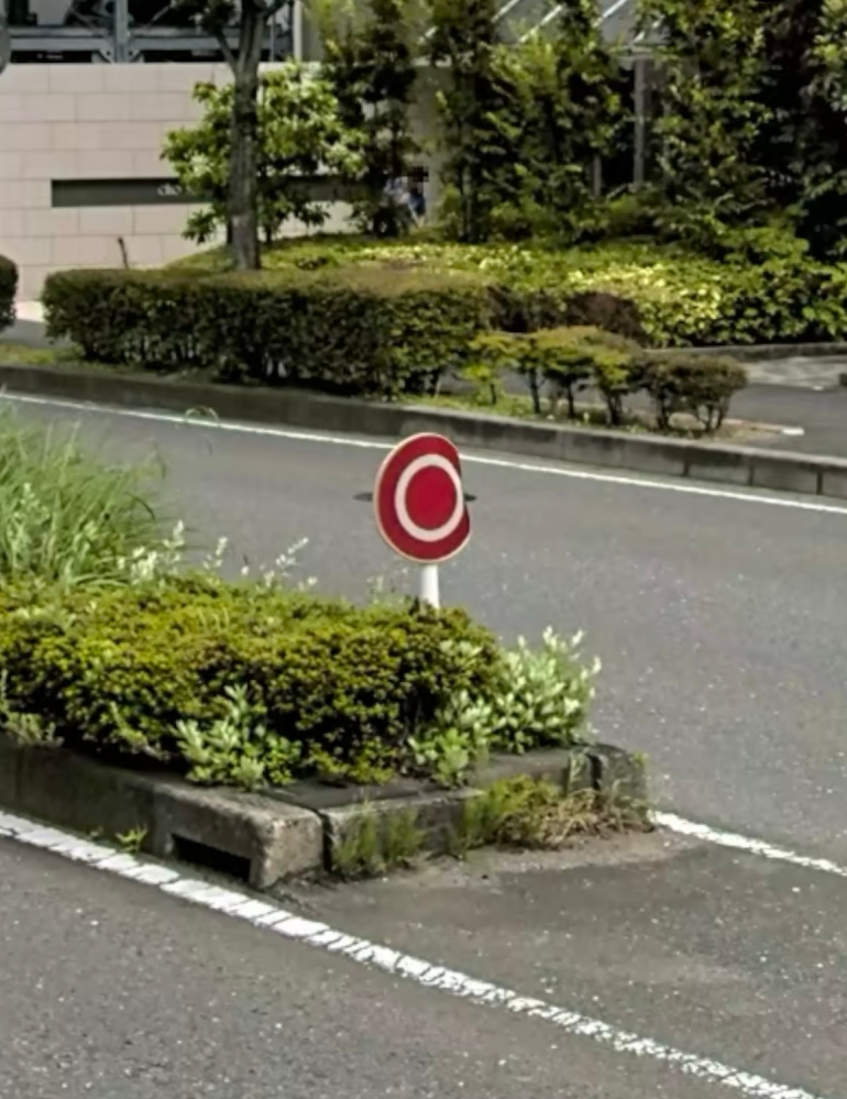 道路の中央分離帯の切れ目のところによく、写真のような、赤丸に白丸の、高さ5,60センチ？くらいのちいさな標識を見るのですが、これはどう言う意味でしょうか？