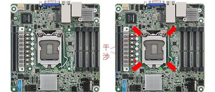 LGA1200のマザーボードで Intel 純正のクーラーを取り付けようとしたら、プッシュピンを挿すところの足回りが干渉してしまいまいた。（右側の図のとおり、左側の固形コンデンサに干渉します） このようなマザーボードで対応できるクーラーとしては何がありますか。