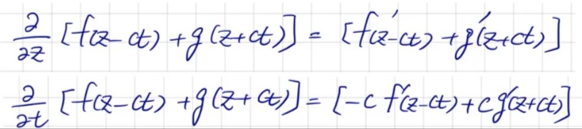 偏微分について 関数f+gが、f(z-ct)+g(z+ct)と定義されている場合、zでの偏微分とtでの偏微分を教えて下さい。 (cは定数です) 授業では、添付画像のようになっているのですが、理解...