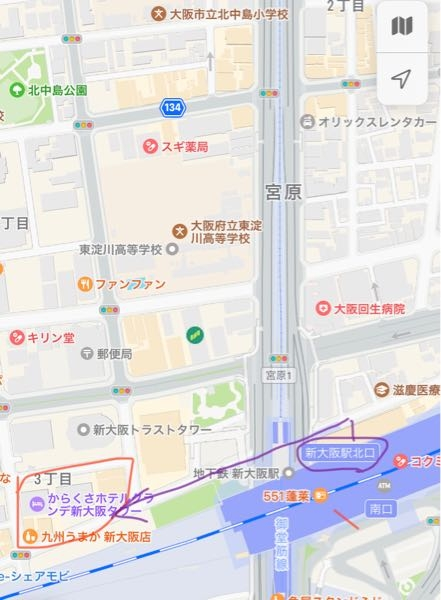 新大阪駅の北口(画像紫)から高架下？を通って、赤色で囲った区画まで行くことは出来ますか？