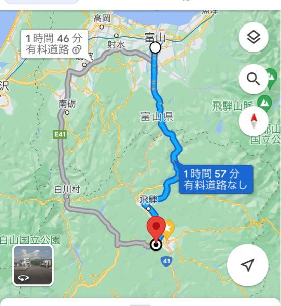 新潟県から岐阜県高山市へ行くのですがどちらのルートがオススメですか？真下へ向かうか、大回りしていくルートか。 軽自動車なので山道の傾斜の少ない方で向かいたいです。