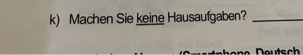 ドイツ語の質問です この問題に、Neinで答える場合、Hausaufgabenは既出のものとしてdieをつけて答えますか？ それともnicht eineをつけて答えますか？ よろしくお願い致します