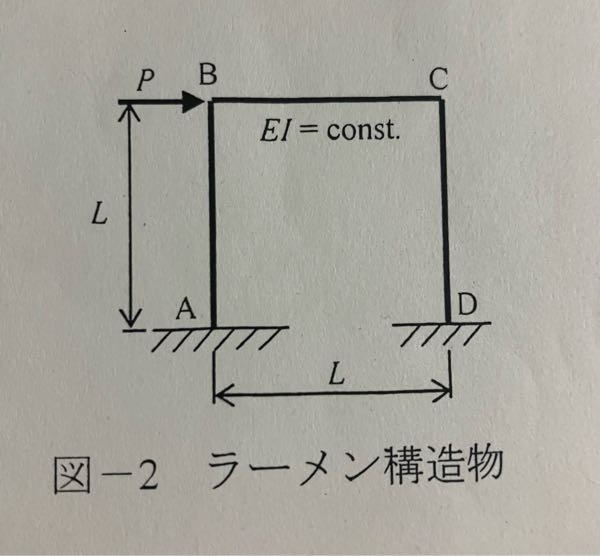構造力学のわたみ角方について質問です。 図2に示すように、 境界条件と形状 (剛性) が左右対称なラーメン構造物の隅角部B に左向きの水平力が作用する場合の曲げモーメント,せん断力, 軸力図のた...