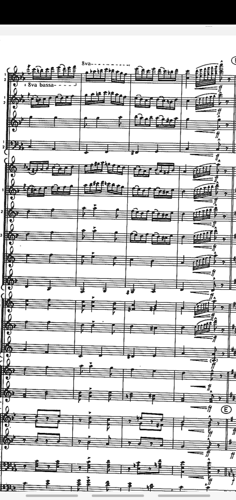 ヤン・ヴァンデルローストの「プスタ」という吹奏楽曲について質問です。 1楽章の1分くらい吹いた37小節目、1段目のピッコロとフルートの楽譜についている+8va bassa、+8vaというのは、ピッコロのみに指示しているのでしょうか？それともフルートも同様にオクターブ下げたり上げたりする必要があるのでしょうか？ +8va bassaはピッコロの実音が1オクターブ高いことを加味してフルートと同じ音にするために書いているのかと思ったのですが、+8vaをする必要がないように思います。 手元にパート譜がないため、こちらで分かる方にうかがいたいです。 よろしくお願いいたします。