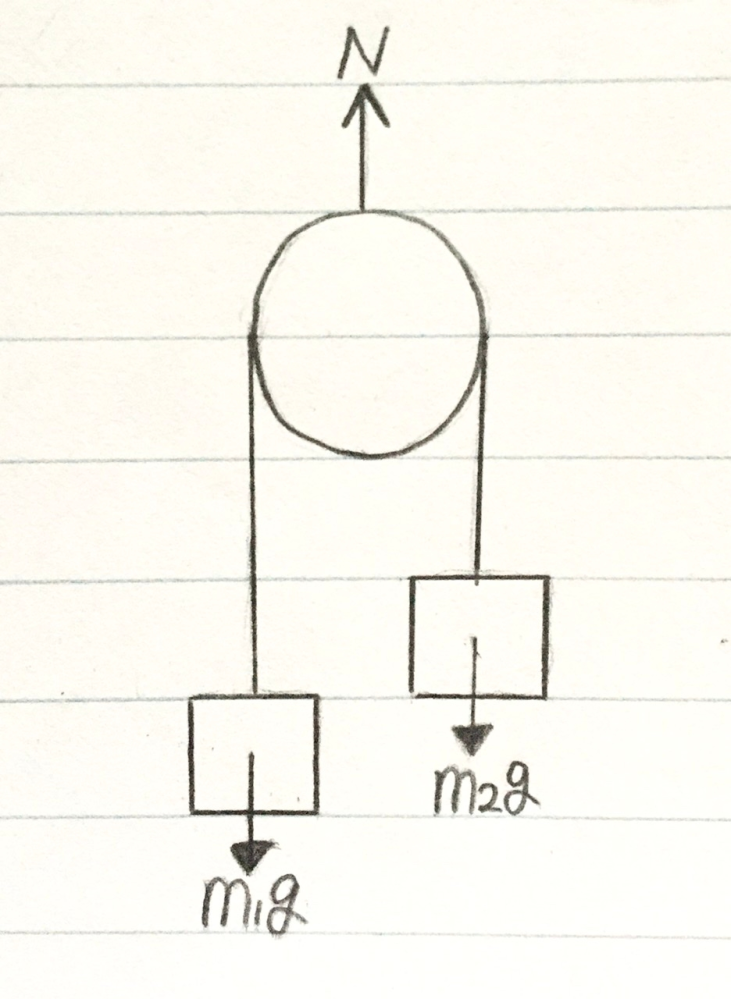 軽い滑車とロープに質量m1,m2の物体1,物体2を取り付けたとき、運動方程式は物体の加速度をaとすると (m1+m2)a=m1g-m2g となる、と問題集に書いてあったのですが、ここで2つ疑問が...