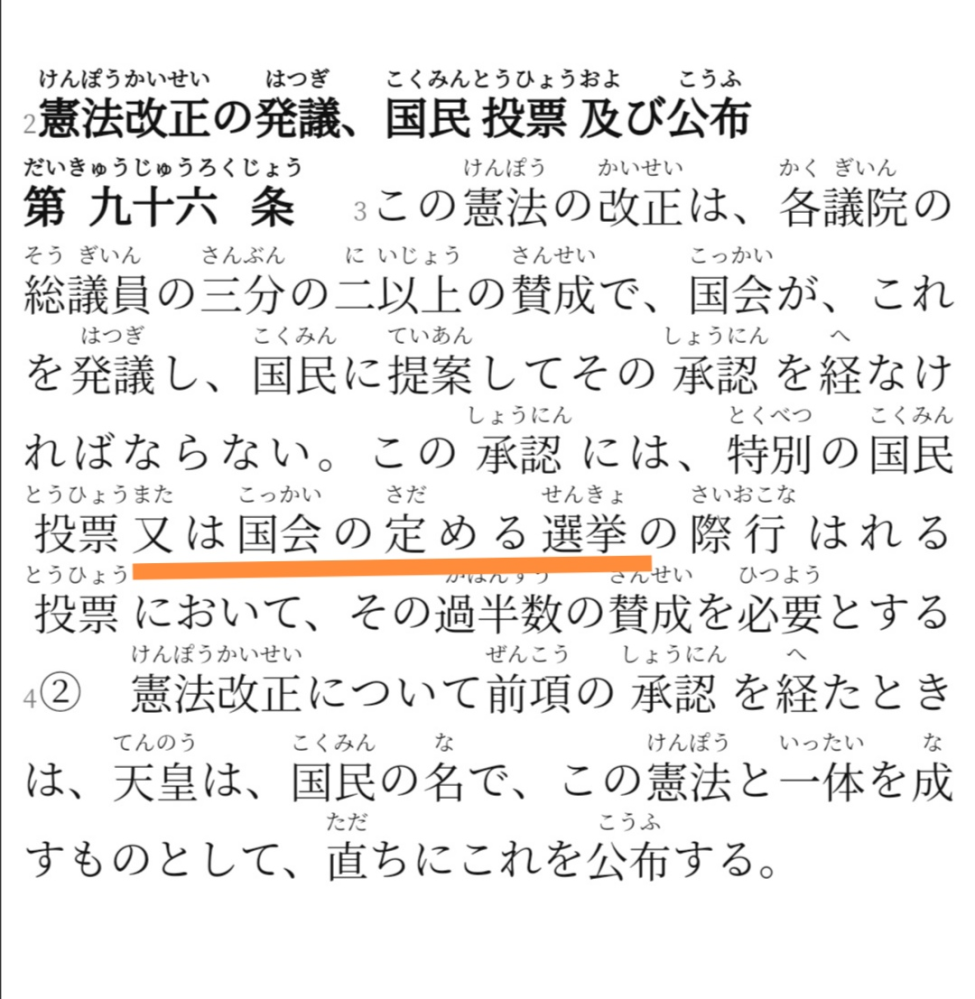 憲法改正の手続きについて 日本語憲法第96条には画像のように書いてありますが、オレンジの下線部、「又は国会の定める選挙」ってなんですか？ 国会議員の2/3以上の賛成で発議したら「国民投票を行う...