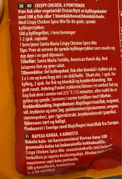 ノルウェー語の翻訳をお願い致します。 クリスピーチキンの粉です。 鶏肉に油をまぶして揚げるで合ってますか？