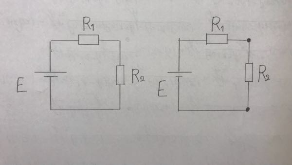 写真の回路の抵抗R₁とR₂は左も右もどっちも直列接続ですか？ それとも、右は並列接続になりますか。 そもそも左と右の回路の違いはなんでしょうか。