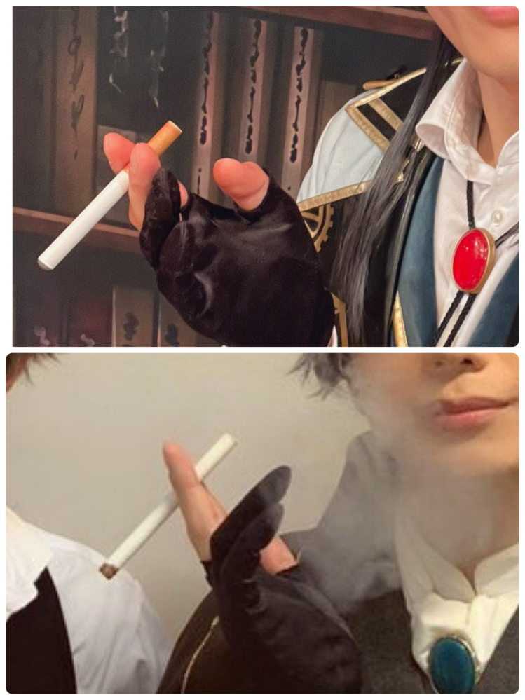 舞台上で使っている煙草についてです。 舞台上は基本火気厳禁のはずなので本物の煙草ではないことは分かっています。 煙がでるおもちゃの煙草なのか、ニコチンやタールがない煙草なのでしょうか？ 画像の上の段は電子っぽい感じですよね どちらの画像のものも吸えば口から煙がでます。 舞台用の小道具で専用のタバコがあれば教えて欲しいです。