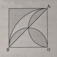 右の図のように, 1辺4cmの正方形の内側に、中心角が90℃ のおうぎ形OAB と OA. OBを直径とする半円があるとき、 灰色部分の面積を求めなさい。 