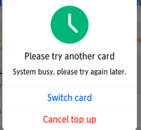 Alipay アリペイについて 中国出張があるため、Alipayを登録しようと思っていたのですが、ツアーパスに楽天カードを何度も登録しても入金できません。「システムが混みあっているため、エラーとなります」の文字が出るばかりです。添付画像をご参照ください。

他のカードでも試しましたが同じくエラーでした。
よくみるとAlipayのツアーパスが3/15で終わる？との文字もあり、かなり混乱し...