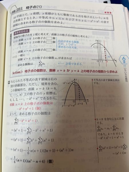 数学の数列についての質問です。
解説の直線x=k上の格子点の数が-k^2+n^2+1でなぜ＋1するのか分かりません…
教えてください！ 