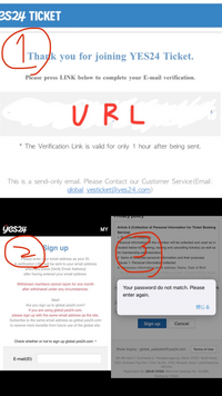 ⚠️至急です⚠️ yes24グローバルで会員登録をし、その後yes24チケットでログインしようとしたところ、グローバル側のアカウントがあると連携されるような内容が書かれていたので（写真②）メールアドレスを打つとリンクが送られてきました。（写真①）
リンクを開き、パスワードと個人情報を入力したのですが、絶対にパスワードが違うと表示されます（写真③）。一文字ずつ確認しながら打っても、パスワード...