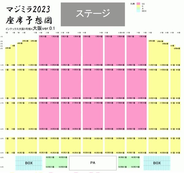 マジカルミライ座席について 今年のマジカルミライに行くのですが、初めてで座席がよく分かりません。 Ss席の8列26番と書いてあるのですが、こちらの画像ではどこら辺でしょうか？ それと見やすい位置ですか？ また端側は耳栓がいると聞いたのですが、私の場合いりますか？ よろしくお願いいたします。