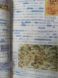 山川の日本史Bの教科書に、マーカー引いたり、書き込んだりして