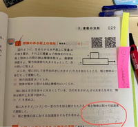 （4）の問題で板と物体は別の加速度で動いたと書いてあって答えでは物体の加速度をaとして板の加速度をAとしています。 僕の考えとしては物体が板の上を左向きに滑ると思うので加速度の向きが左向きだとおもうのですが答えでは赤丸でかっこたところのように板と同じ右向きになっています。なぜ右向きになるのでしょうか？ また板にFの力を加えたのに反作用がないように書かれていたのですが反作用がないのは何故ですか？