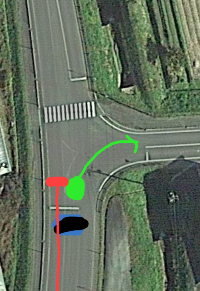 信号機のない写真のレイアウトのT字路で、右折待ちの車両がいる場合、赤線の直進車両には停止義務はありますか？ 歩行者はいないものとします。 また、止まる場合は停止位置は赤い横線でしょうか？