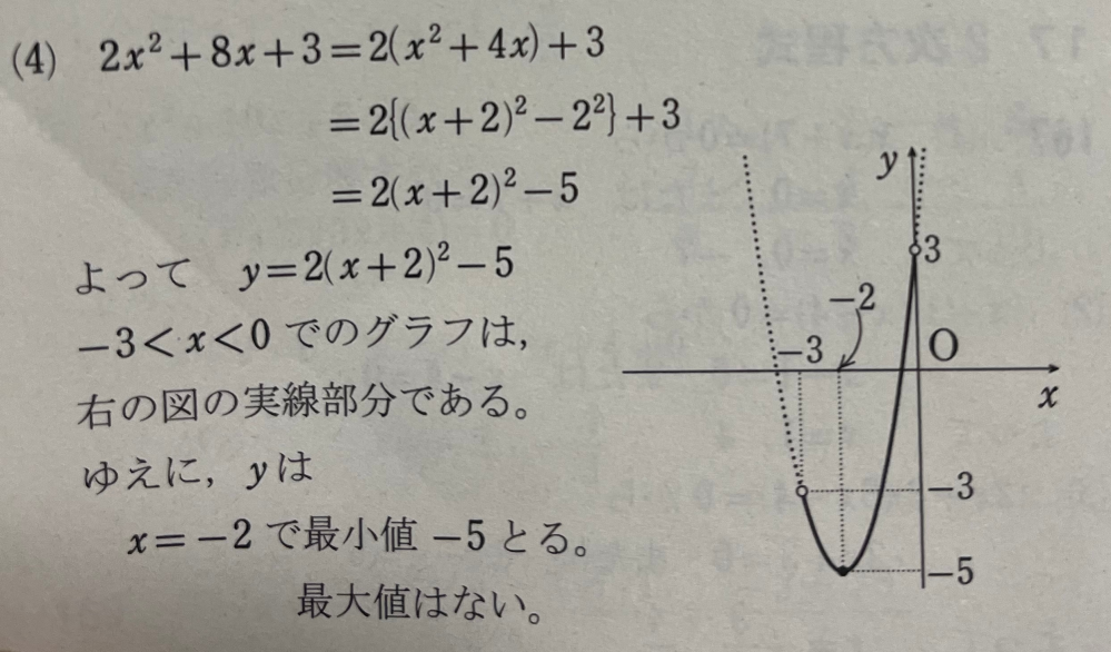 大至急‼️‼️‼️ 高一の数学、「二次関数の最大、最小」のワークなのですがこれなんで最大値ないんですか？？ x＝0で最大値3がとれるんじゃないんですか、？