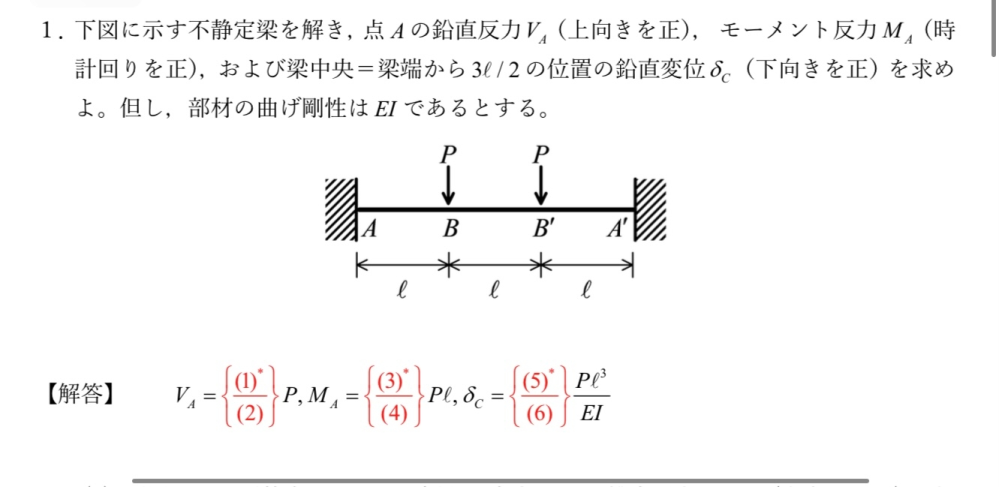 不静定梁の問題です。教えていただけると嬉しいです。