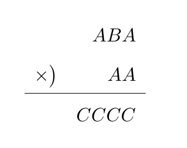 覆面算みたいなやつです． どうやればA,B,Cが決まりますか？(一通りには決まらないみたいです．)